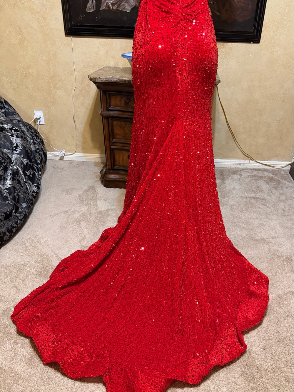 Red Sequin V-Neck Evening Gown - Picture 6 of 12
